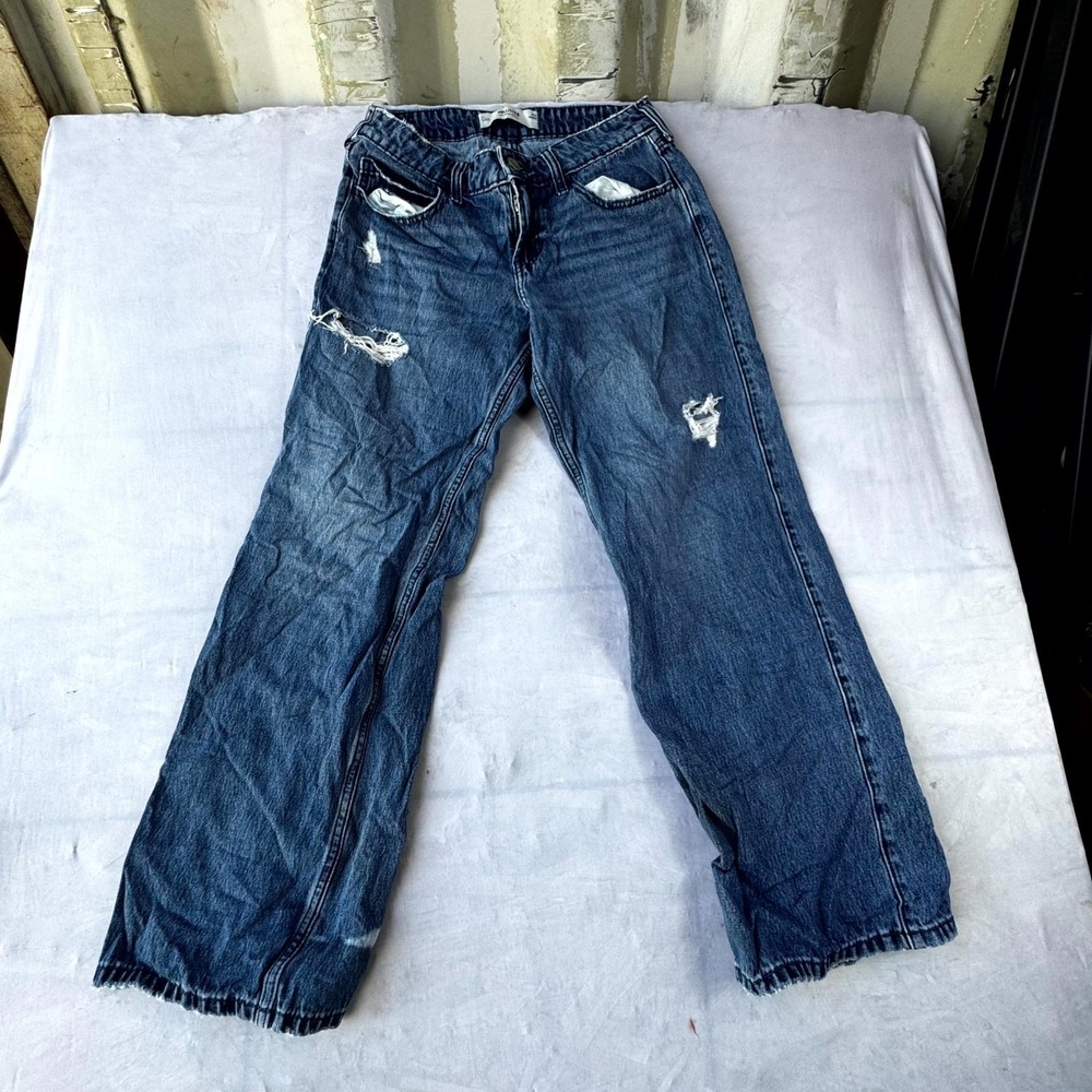 Hollister Baggy Jeans Womens 2R Blue Whiskering Denim Low Rise Distressed Casual